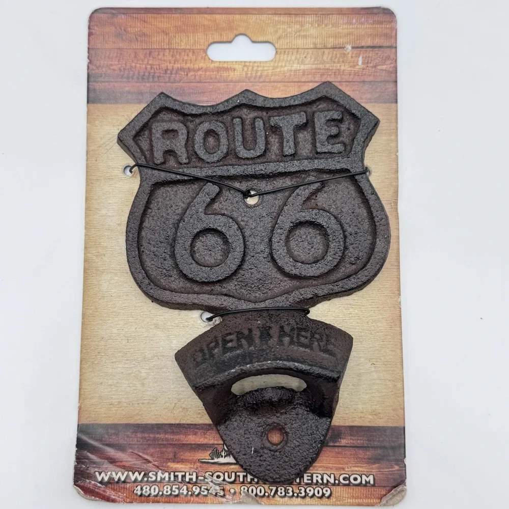 Cast Iron Historic US Route 66 Beer Soda Bottle‎ Opener Wall Mount Antique Brown